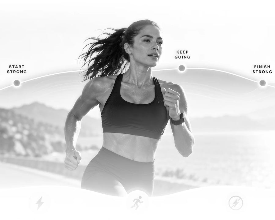 Runner in motion, symbolizing the Formula 369 fueling strategy from start to finish