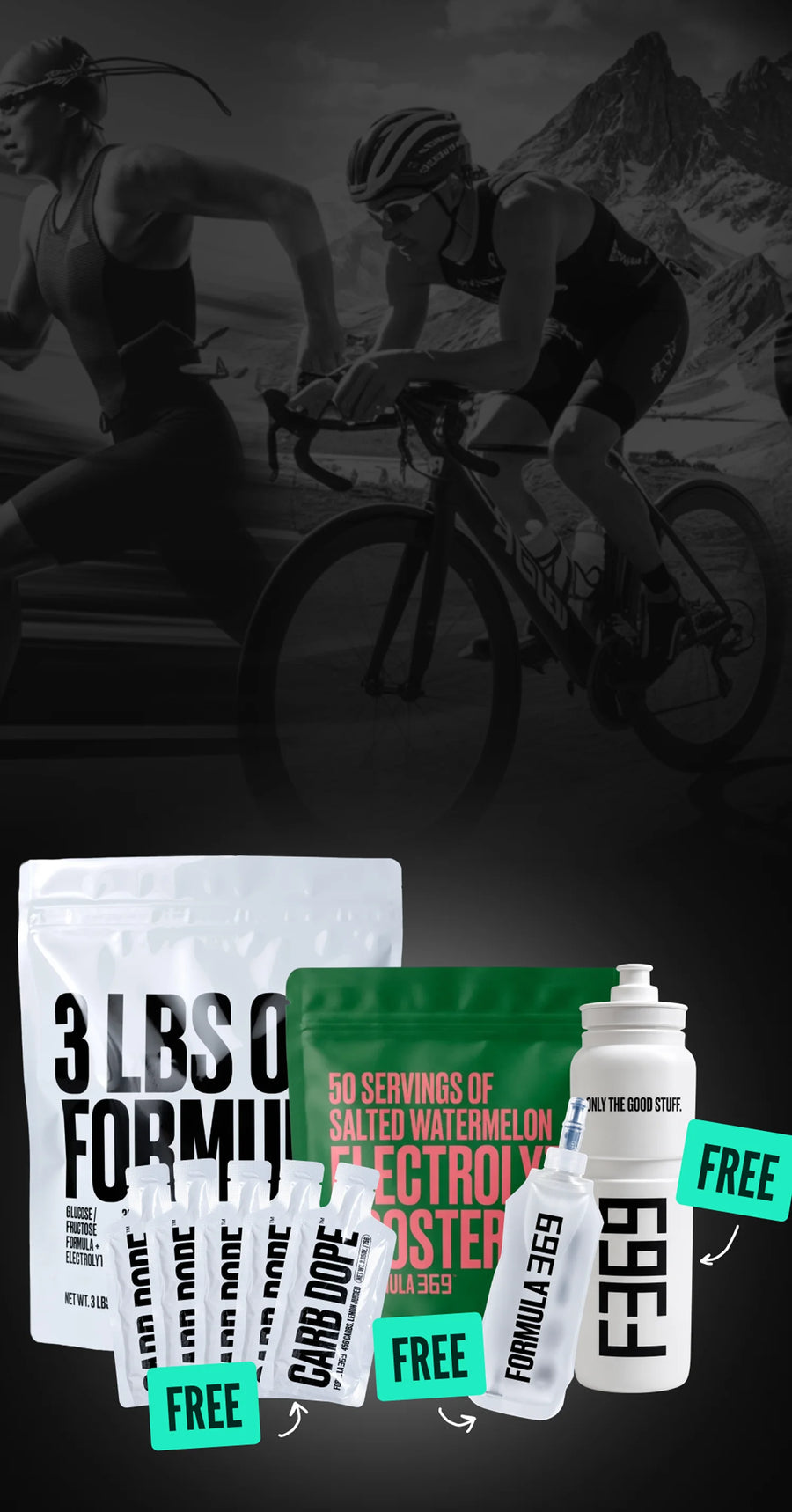Formula 369 Starter Pack: drink mix, electrolyte booster, socks, and water bottle