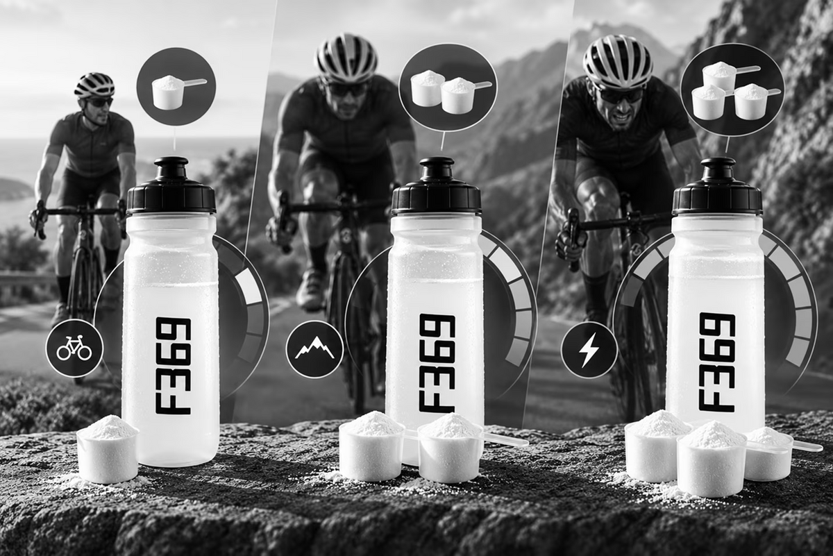 Three water bottles with Formula 369 scoops, showing 30g, 60g, and 90g serving amounts