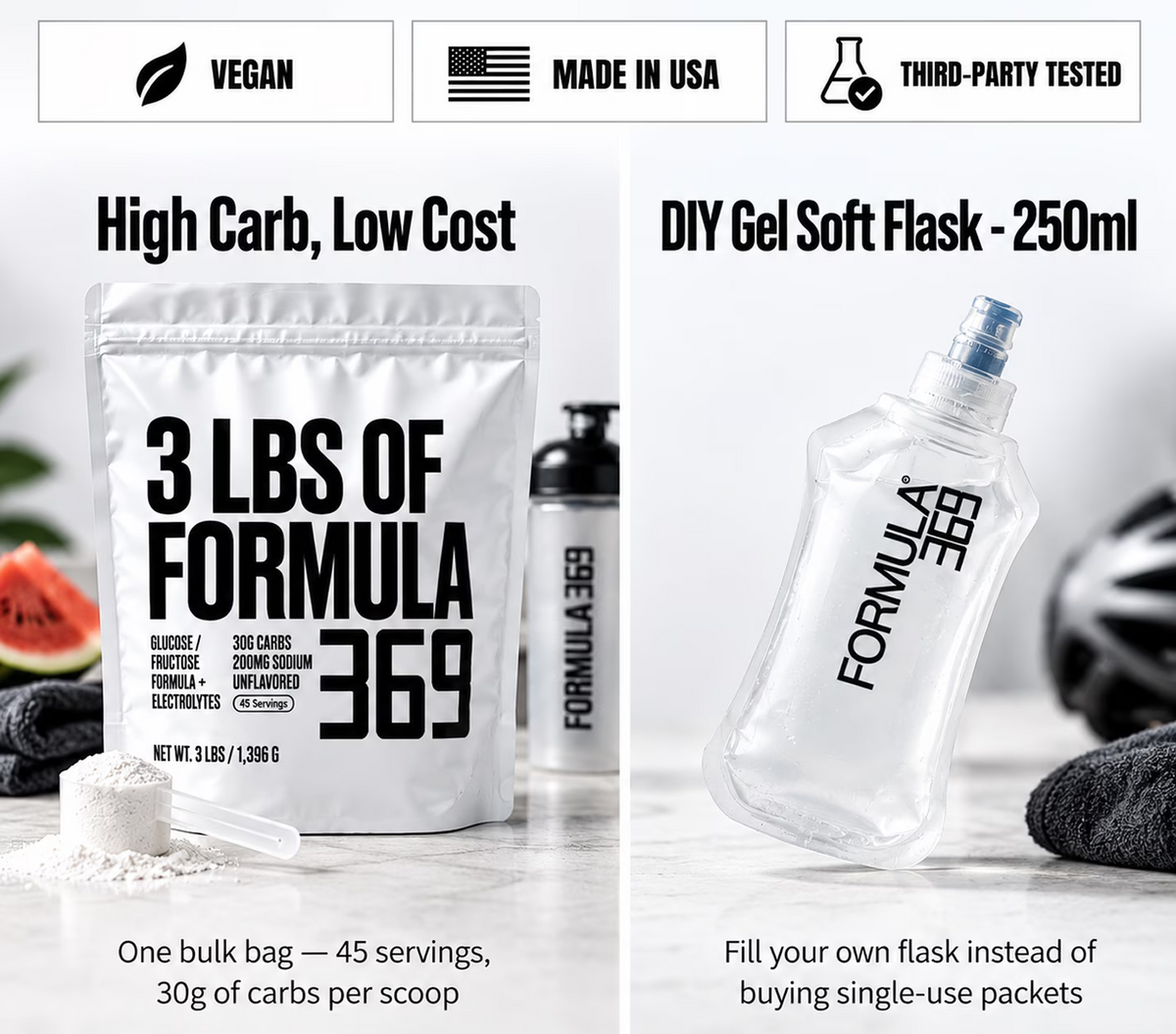 Formula 369 bulk carbohydrate powder and a refillable 250ml soft flask, with vegan, made in USA, and third-party tested claims