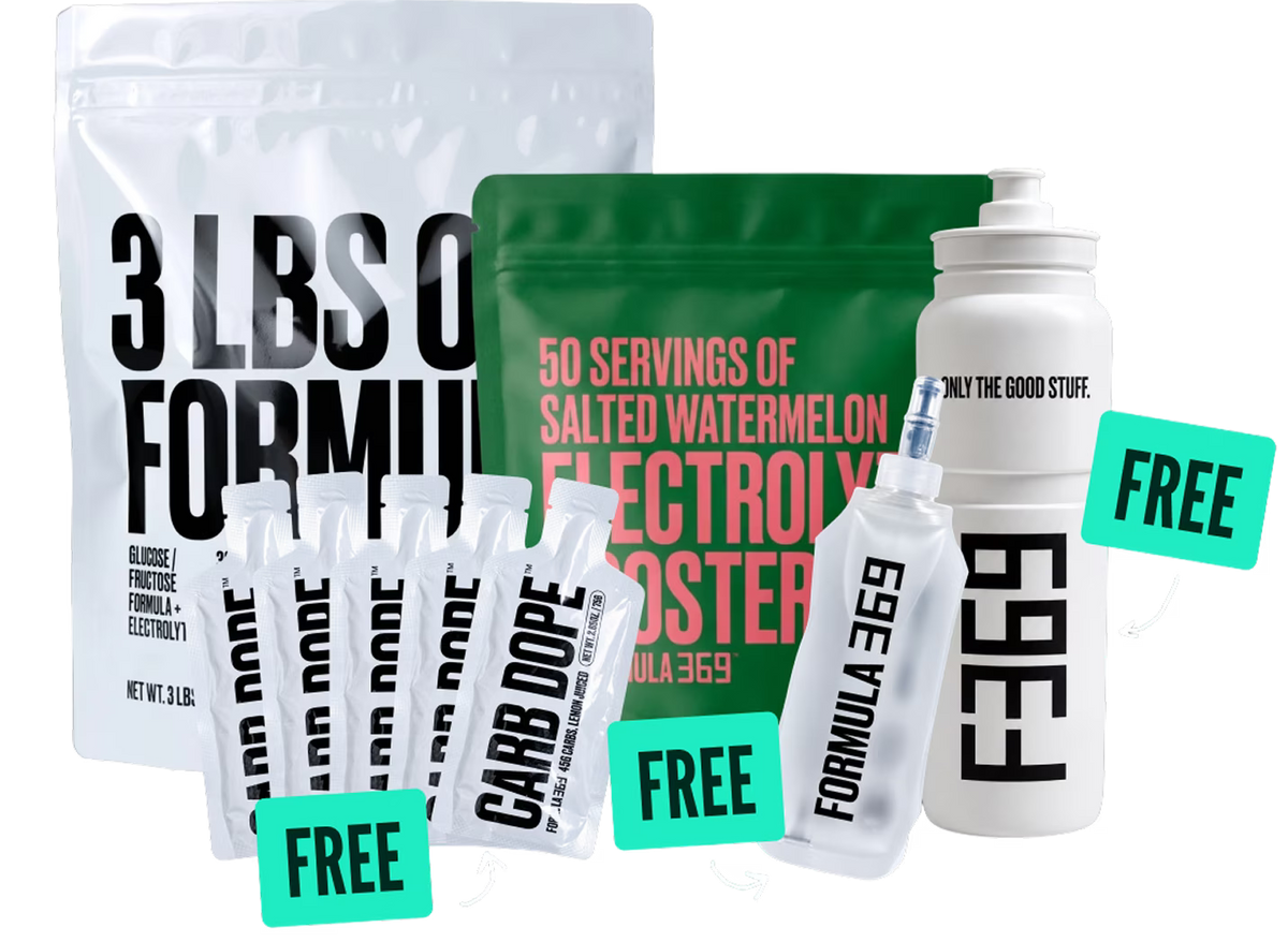 Formula 369 starter pack with drink mix, electrolyte booster, five Carb Dope gels, bottle, and refillable soft flask