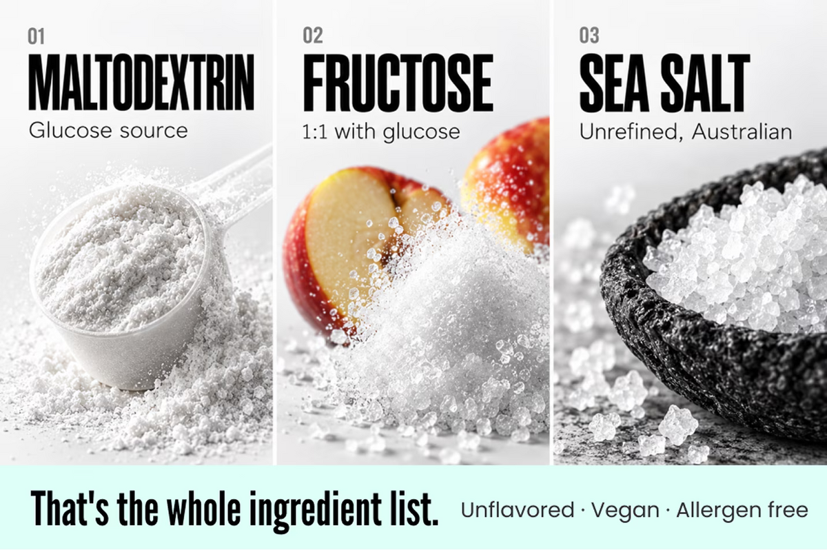 Formula 369 ingredients: maltodextrin, fructose and sea salt — that's the whole ingredient list, unflavored, vegan, allergen free