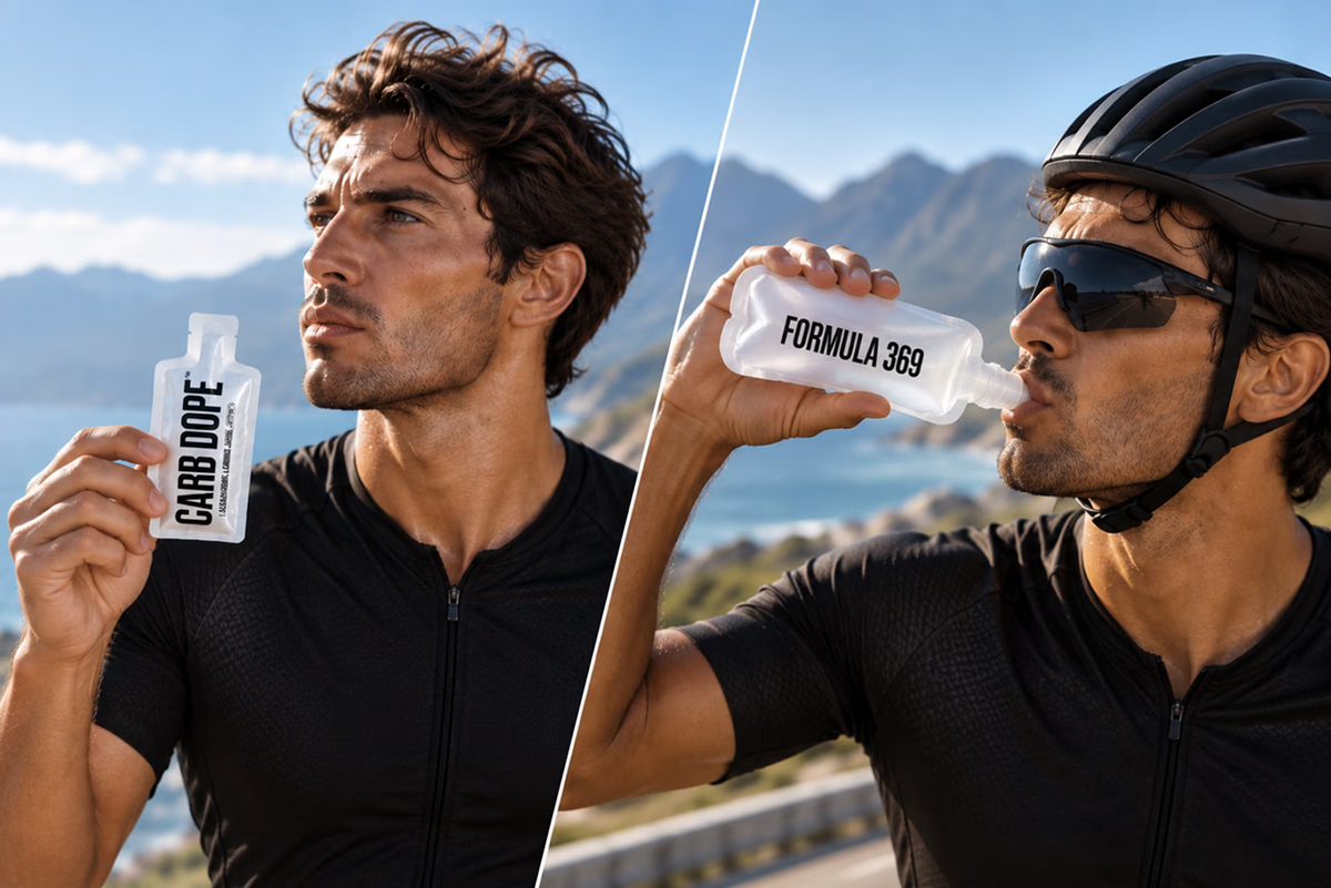 Athlete holding a Carb Dope gel and athlete drinking Formula 369 from a soft flask