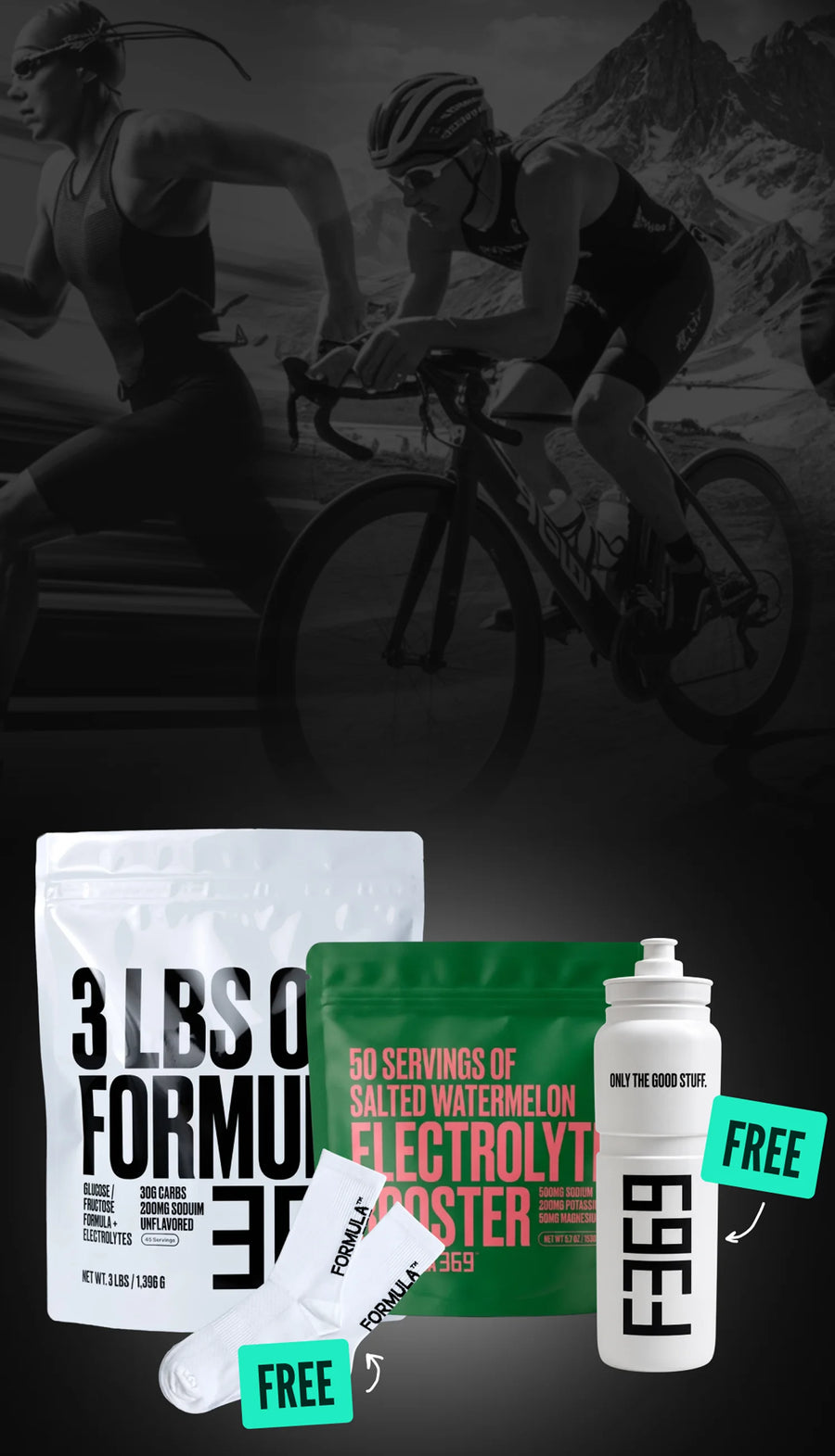 Formula 369 Starter Pack: drink mix, electrolyte booster, socks, and water bottle